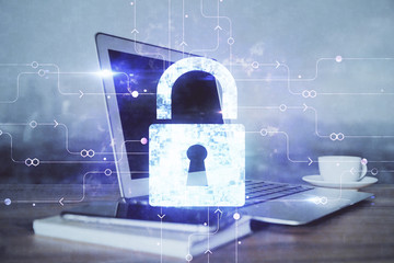 Aufkleber - Double exposure of desktop with computer and lock icon hologram. Concept of data safety.