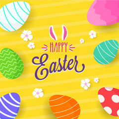 Poster - Colordul Eggs on Vibrant Yellow Background with White Flowers. Happy Easter Text with Bunny Ears.