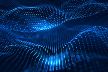 Aufkleber - Moving neon blue dots pattern forming a digital network connection on dark background