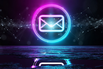 Fototapete - Digital email holographic icon illuminating the floor with blue and pink neon light 3D rendering