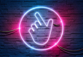 Poster - digital web icon illuminating a brick wall with blue and pink glowing light 3d rendering