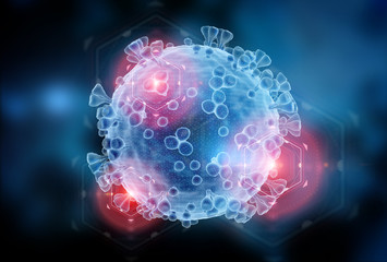 Poster - Wireframe hologram microscopic close-up of the covid-19 disease. Coronavirus illness spreading in body cell. 