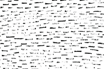 Poster - Grunge texture of horizontal short dashes. Monochrome background of unevenly colored black and white dashes. Vector illustration. Overlay template.