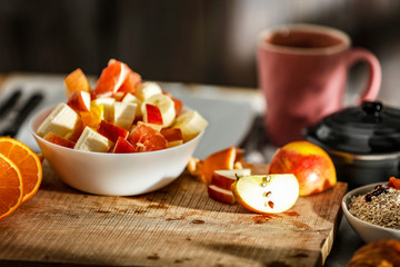 Wall Mural - Breakfast on the table on a beautiful holiday morning with free space for an advertising product