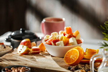 Wall Mural - Breakfast on the table on a beautiful holiday morning with free space for an advertising product