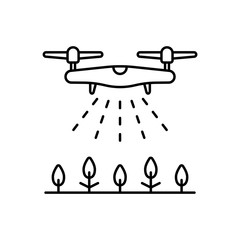 Aufkleber - Drone spraying agent on crops. Linear icon of fertilizer, disinfection, watering, irrigation from air. Black illustration of agricultural automation. Contour isolated vector image on white background