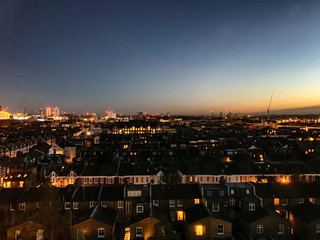 South west London skyline at sunset, aerial view