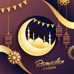 Sticker - Islamic Holy Month of Ramadan Kareem Concept with Golden Crescent Moon, Mosque, Bunting Flags, Hanging Lanterns.