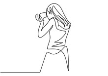 A Girl Taking Photo With Her Camera. She Is Photographer. She Like Taking Every Moment With Her Camera. One Line Continuous. Vector Illustration