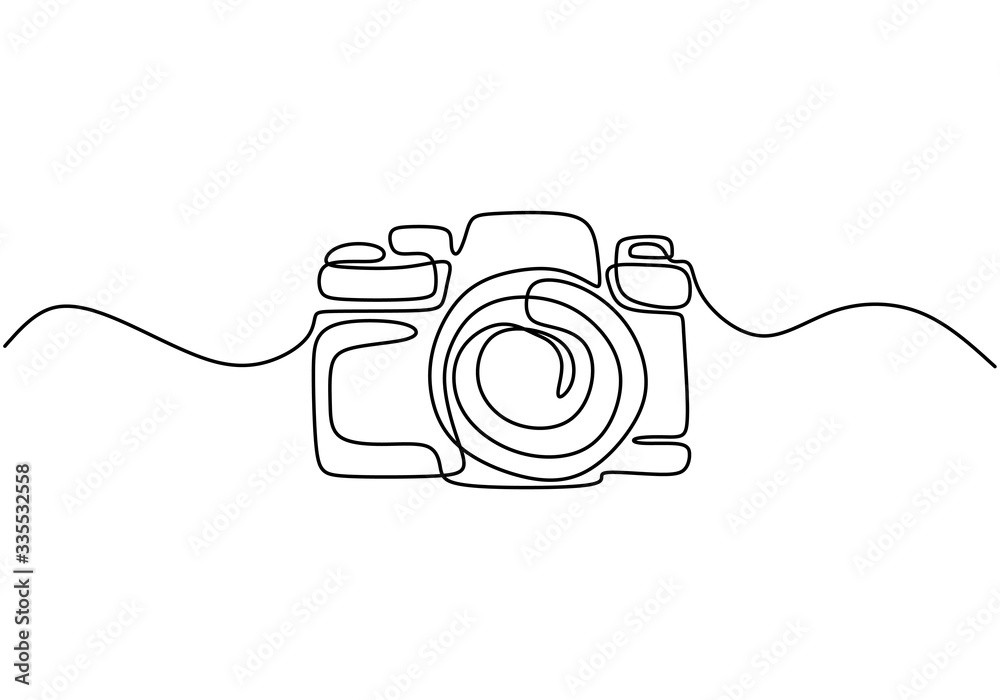 One line drawing of camera linear style. Black image isolated on white background. Hand drawn minimalism style vector illustration - obrazy, fototapety, plakaty 