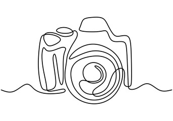 Wall Mural - One line drawing of camera linear style. Black image isolated on white background. Hand drawn minimalism style vector illustration