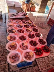 Sea urchin and mussels at fish market Bari