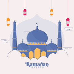Wall Mural - Islamic Holy Month of Ramadan Kareem concept with hanging colorful lanterns, and mosque on white background.