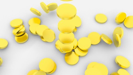 Poster - Gold coins fall, stacked in a column and crumble on a white background.