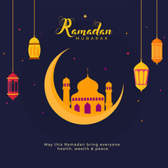 Wall Mural - Islamic Holy Month of Ramadan Concept with Hanging Illuminating Lanterns, Crescent Moon and Mosque on Blue Background.