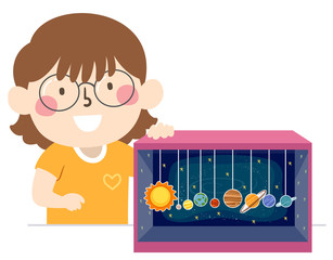 Poster - Kid Girl Solar System Diorama Illustration