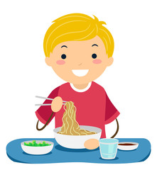 Poster - Stickman Teen Guy Eat Asian Food Illustration