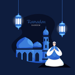 Wall Mural - Islamic Holy Month of Ramadan Kareem with Illuminated Lanterns, Mosque and Muslim Man Offering Namaz on Blue Background.