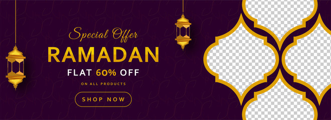 Wall Mural - Islamic Holy Month of Ramadan Sale Banner with Illuminated Golden Lanterns, and Window.