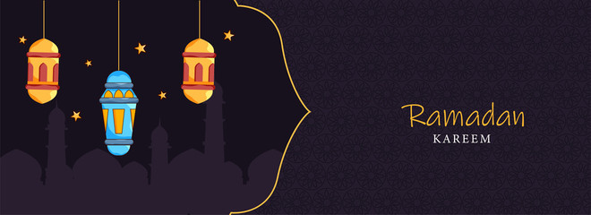 Wall Mural - Islamic Holy Month of Ramadan Kareem Banner with Illuminated Lanterns, Mosque Silhouette on Purple Textured Background.