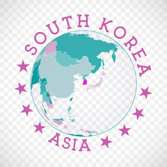 Wall Mural - South Korea round logo. Badge of country with map of South Korea in world context. Country sticker stamp with globe map and round text. Modern vector illustration.