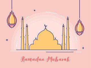 Wall Mural - Islamic Holy Month of Ramadan Mubarak with Hanging Lanterns and Mosque on Pink Background.