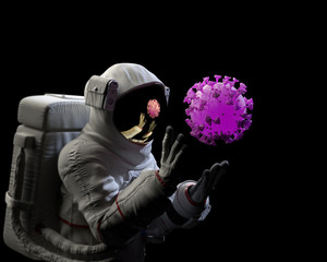 Wall Mural - astronaut holding the coronavirus virus, covid-19, black background