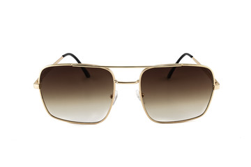 Canvas Print - Brown aviator sunglasses with gold frame and gradient glasses isolated on white background, front view.