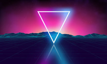 Retro Futuristic Background For Game. Music 3d Dance Galaxy Poster. 80s Background Disco. Neon Triangle Synthwave Digital Wireframe Landscape With Palms. Space Vector.