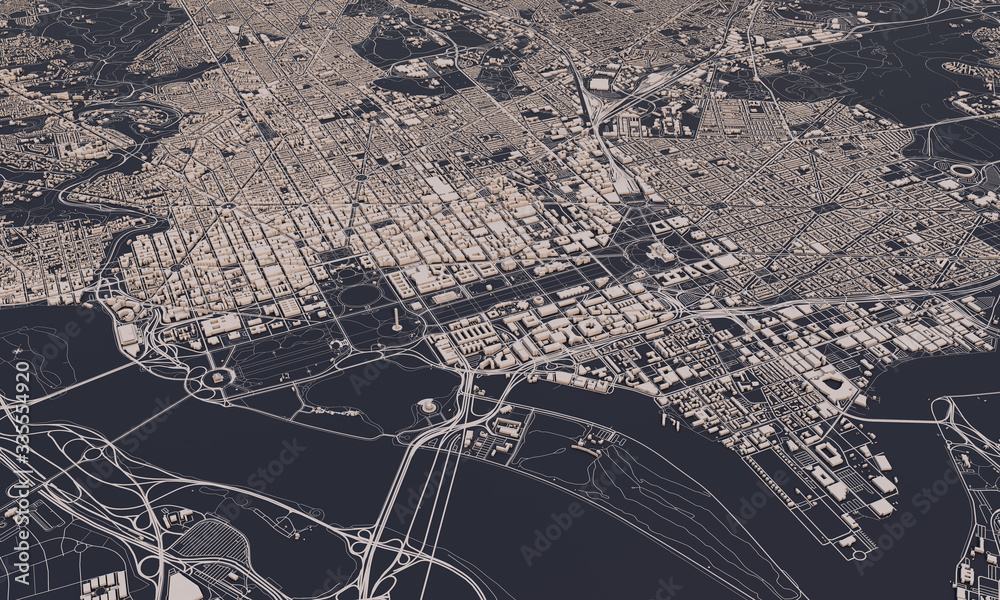 Washington DC city map 3D Rendering. Aerial satellite view.