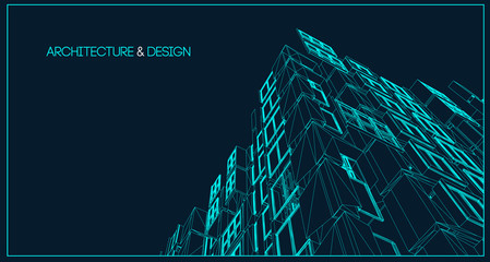 Wall Mural - Architecture line background. Building construction sketch vector abstract. Modern city 3d project. Technology geometric grid. Wire blueprint house. Digital architect innovation wireframe.