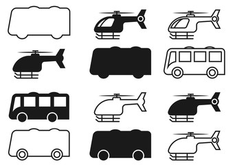 thin line icons,solid icons for bus,helicopter,transportation,vector illustrations