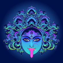 Portrait Of Indian Hindi Goddess Kali. Female Blue Head With Open Moth And Out Stuck Tongue. Destroyer Of Evil Forces. Diety, Spiritual Art. Occultism And Witchcraft. Vector Isolated Illustration.