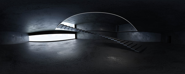 Poster - full 360 degree equirectangular panorama hdri of dark industrial grunge building interior 3d render 