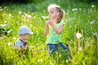 © Elena  - Happy children, brother and sister play outdoors with dandelions, at sunset. A ray of sunshine.