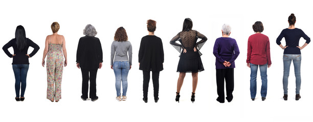 Wall Mural - group of woman from behind on white background