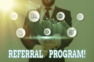 Poster - Text sign showing Referral Program. Business photo showcasing internal recruitment method employed by organizations
