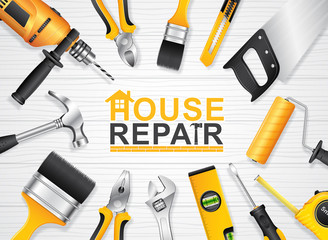 Wall Mural - construction concept set all of tools supplies for house repair builder on white wooden background vector illustration