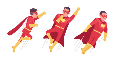 Wall Mural - Male super hero in classic costume, flying pose. Heroic strong brave warrior, superpower man with superior combat, battle skills, successful extraordinary guy. Vector flat style cartoon illustration