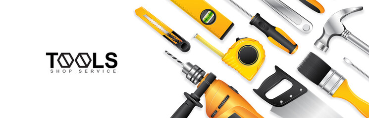 construction concept tools shop service banner set all of tools supplies for house repair builder on