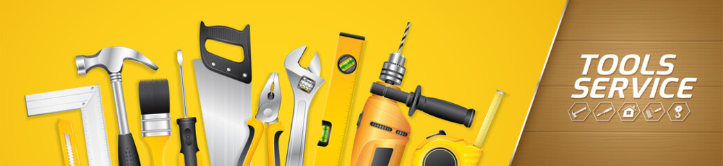 construction concept tools shop service horizontal banner and flat icons set all of tools supplies f