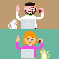 vector cartoon, a man communicating with a woma in a happy posture by laptop and eating apples with 