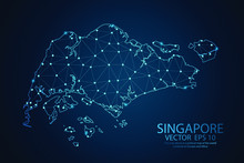Abstract Mash Line And Point Scales On Dark Background With Map Of Singapore. Wire Frame 3D Mesh Polygonal Network Line, Design Sphere, Dot And Structure. Vector Illustration Eps 10.