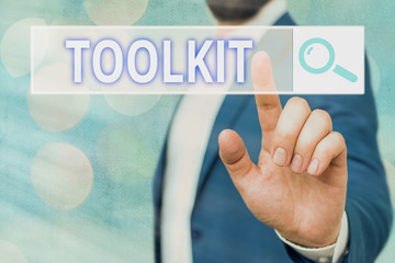 Wall Mural - Text sign showing Toolkit. Business photo showcasing set of tools kept in a bag or box and used for a particular purpose