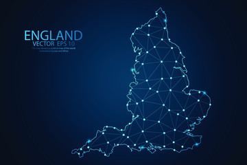 Abstract mash line and point scales on Dark background with map of England. Wire frame 3D mesh polygonal network line, design polygon sphere, dot and structure. Vector illustration eps 10.