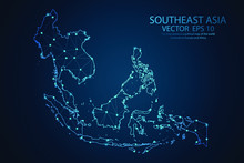 Abstract Mash Line And Point Scales On Dark Background With Map Of Southeast Asia. Wire Frame 3D Mesh Polygonal Network Line, Design Sphere, Dot And Structure. Vector Illustration Eps 10.