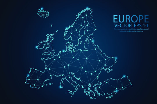 map of europe point scales on dark background with map world. wire frame 3d mesh polygonal network l