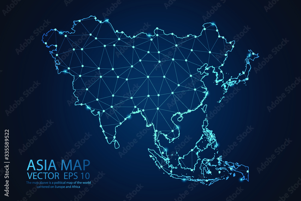 Abstract mash line and point scales on dark background with map of Asia. Wire frame 3D mesh polygonal network line, design sphere, dot and structure. Vector illustration eps 10. - obrazy, fototapety, plakaty 