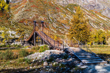 Wall Mural - Suspension bridge over a mountain river in a gorge. Russia, Altai Republic, Ulagansky District, Chulyshman River