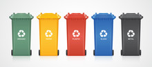 Green, Yellow, Orange, Red, Blue And Black Recycle Bins With Recycle Symbol Isolated On White Background Vector Illustration